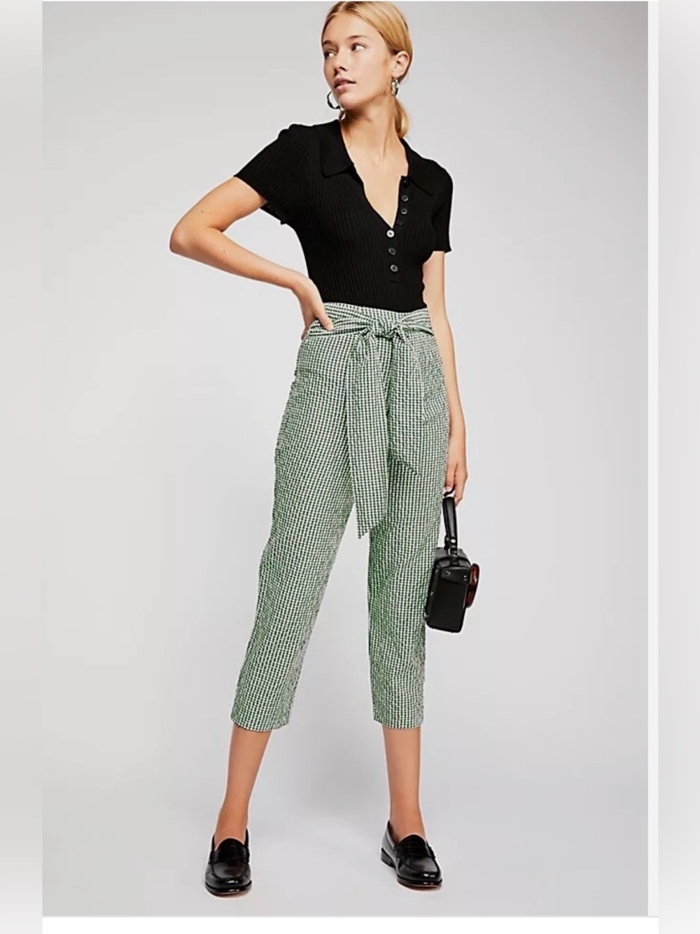 High-Waist Gingham Paperbag Pants with Tie Belt - Black/White
